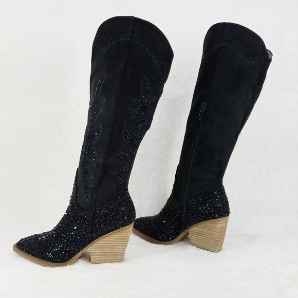Anniston Black Rhinestone Glamour Country Western Cowgirl Knee Boots - Picture 5 of 12